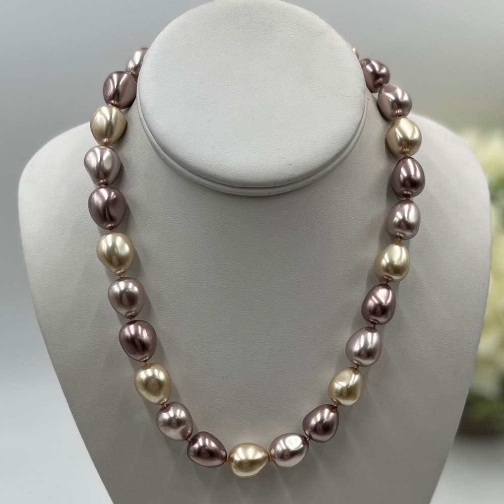 Faux Baroque Champagne brownish Mauve Faux Pearl necklace Magnetic Clasp Knotted